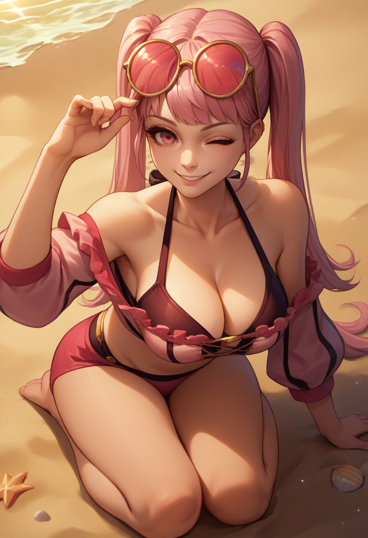 score_9, score_8_up, score_7_up, source_anime, solo, 1girl, hildabikini, smile, looking at viewer, on ground, twintails, sunglasses, eyewear on head, one eye closed, pink bikini, off-shoulder bikini, large breasts, beach <lora:fireemblem_goneril_ponyXL:1>