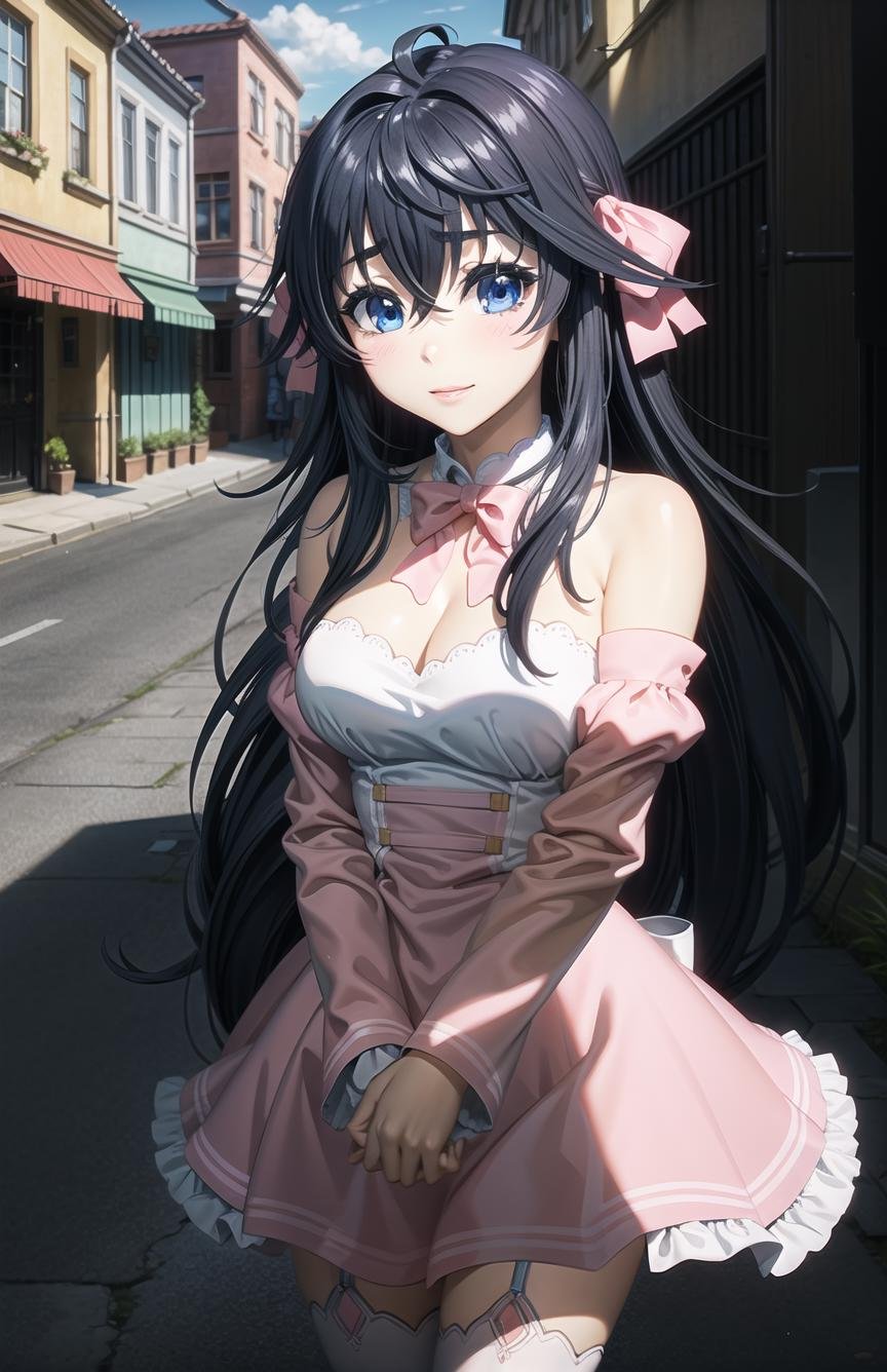 Ako_(LA Avatar), 1girl, masterpiece, dramatic lighting, 8k, 4k, warm lighting, waist up, own hands together,  black hair, detailed face+blue eyes, pink dress, pink hair bow,  pink neck_bow, bare shoulders,   white thighhighs, garter straps, outdoors, daytime, day, sunshine,  background: cobblestone path, Terraced houses,  <lora:Ako_LA_AVATAR_V5.1:0.7>