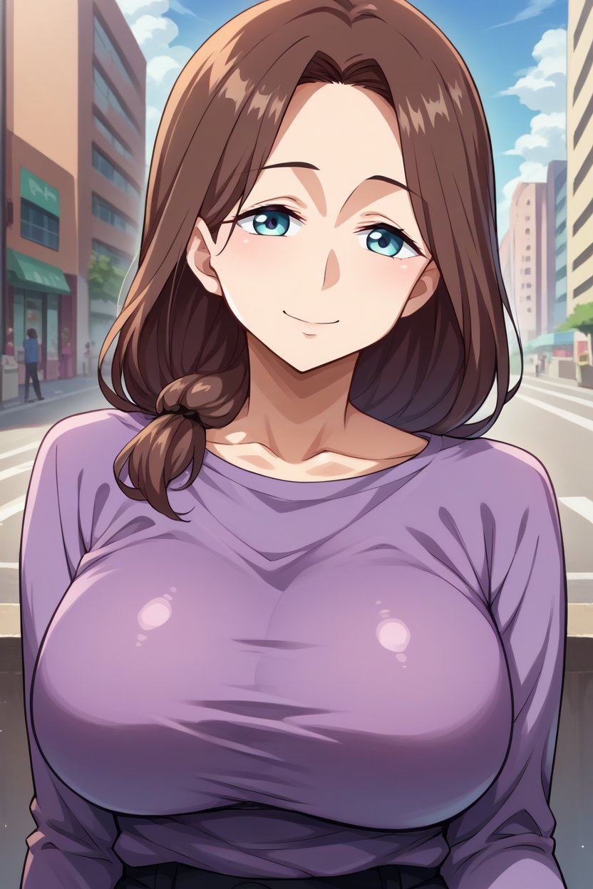 score_9, score_8_up, score_7_up, score_6_up, source_anime, BREAK 1girl, solo,  <lora:aimom-pdxl-nvwls-v1-000005:1> aimom, brown hair, hair over shoulder, mature female, purple shirt, long sleeves, black pants, large breasts, looking at you, smile, blue sky, city, upper body, serene smile