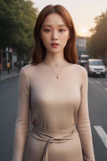 sungkyung1 a woman, (realistic), (hyperrealism), (photorealistic), depth of field, (upper body:1.2), (narrow waist), eye makeup,longsleeves, golden hour, sunset, at the street, trees, <lora:httpleesungkyung:1:lbw=FACES>