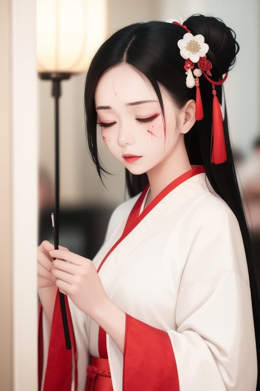 1girl,solo,long hair,black hair,hair ornament,long sleeves,holding,closed mouth,closed eyes,wide sleeves,blurry,lips,makeup,depth of field,blurry background,scar,hanfu,chinese clothes,scar on face,robe,hair stick,hair pulled back,updo,<lora:lbc_nian_2gainian_cs:0.7>,