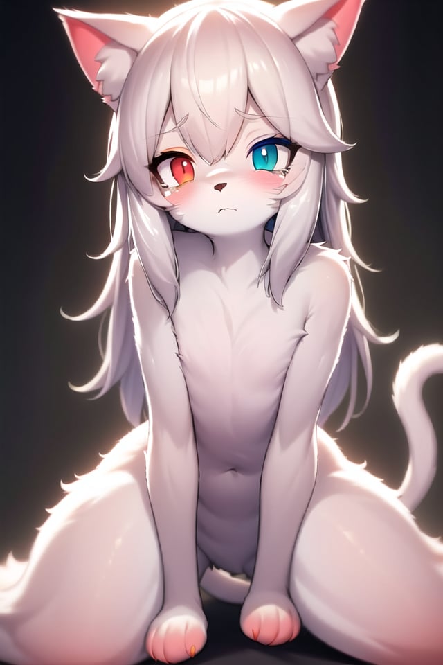 masterpiece, best quality, highres, best illumination, depth of field, complex background, detailed background, looking at viewer, from front, lens flare, furry, furry female, cat ears, cat tail, 1girl, cat girl, long hair,  whisker, ((heterochromia), red eye on left, orange eye on right), ((nude)), (((body fur))), solo, animal ear fluff, (three-tone fur), paw, fur skin, (skinny), flat chest, fur on arms, fur on thighs, blush, age down, arms between legs, expressionless, embarrassed, wiping tears, aqua eyes, 