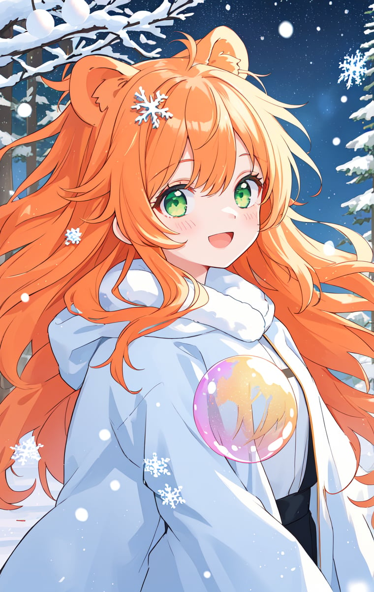 lion ears,open mouth,happy,stars in the eyes,messy floating hair,colored inner hair,Starry sky adorns hair,(lots of big colorful Bubble),(pearl),(Galaxy),depth of field,((detailed beautiful snow forest with trees)),((snowflakes)),floating,, light orange hair,long hair,green eyes,(((messy hair))),wavy hair,asymmetric bangs,