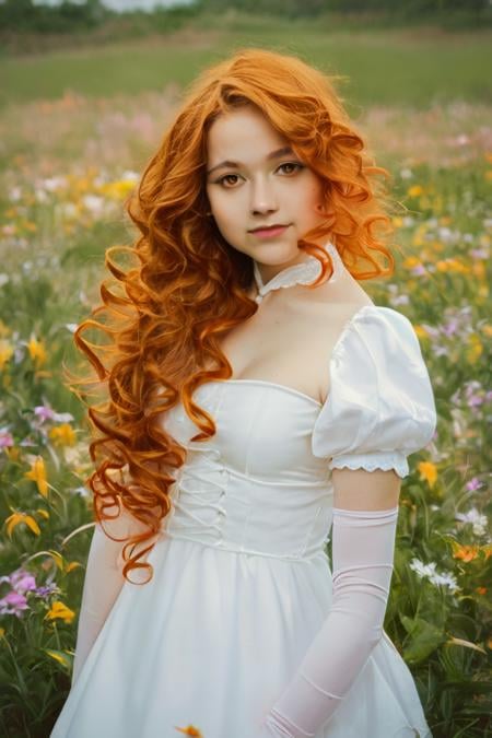 score_9, score_8_up, score_7_up, rating_safe, raw, photo, realistic, 1girl, solo, long hair, curly hair, wavy hair, orange hair, orange eyes, looking at viewer, breasts, dress, white dress, puffy sleeves, puffy short sleeves, short sleeves, gloves, elbow gloves, white gloves, cowboy shot, closed mouth, standing, outdoors, field, flower, grass, plant, sky <lora:Photo 2 Style SDXL_LoRA_Pony Diffusion V6 XL:1>