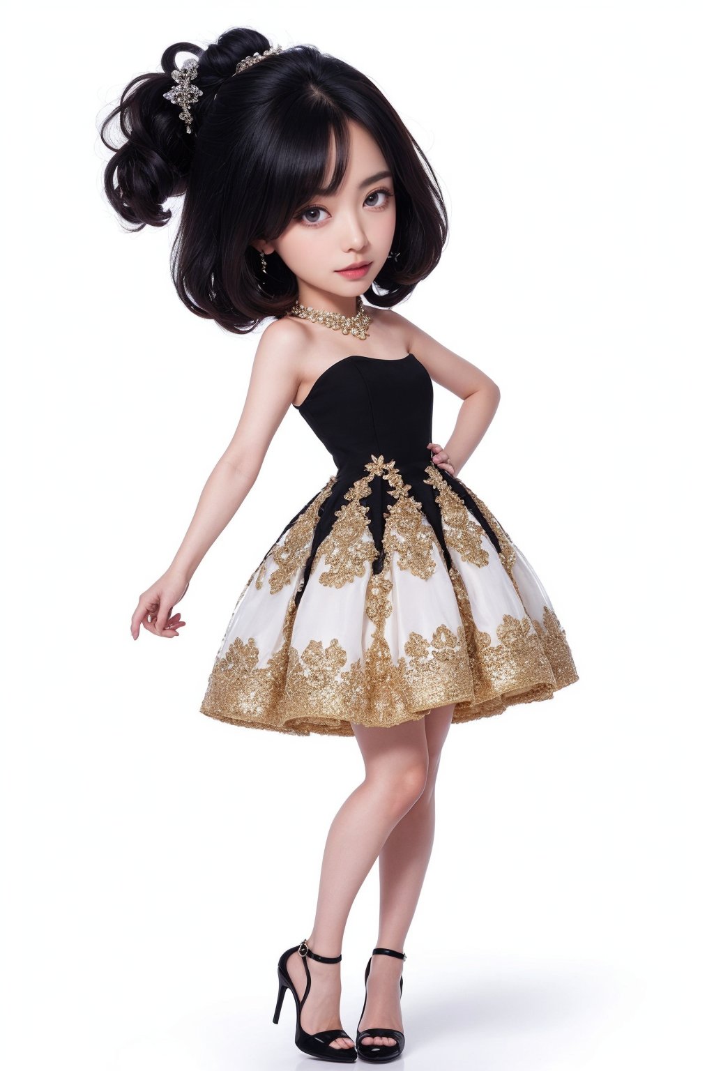 <lora:LoraAgainMixChibi_v1:1>,1woman,mature,dress,chibi,full body,black hair,high heel shoes,white background,