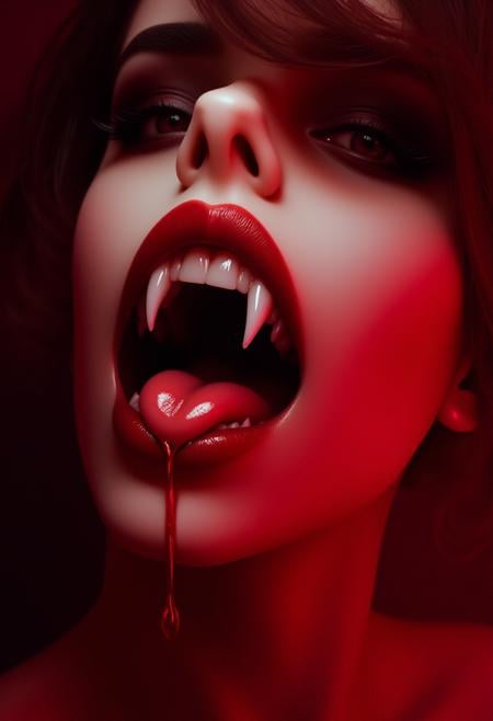 fangs, teeth, solo, close-up, 1 girl, open mouth, blood, dripping, tongue, makeup, red lips, red background, lipstick, (maximum ultra high definition image quality and rendering:3), maximum image detail, maximum realistic render, (((ultra realist style))), realist side lighting, , 8K high definition, realist soft lighting, (amazing special effect:3.5)<lora:FluxF4ngs:1>