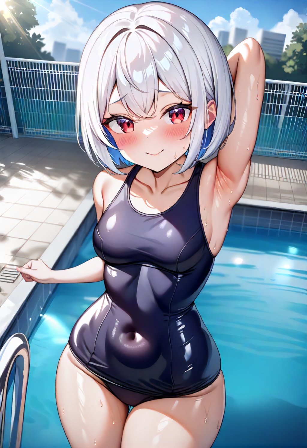 masterpiece,best quality, very aesthetic, absurdres,1girl,qsuku,black qsuku,shiny,white hair,red eyes,short hair,armpits,small breasts,looking at viewer,poolside,standing,cowboy shot,<lora:qsukuSDXL_v1:0.8>,sunlight, cloudy sky, sun, building