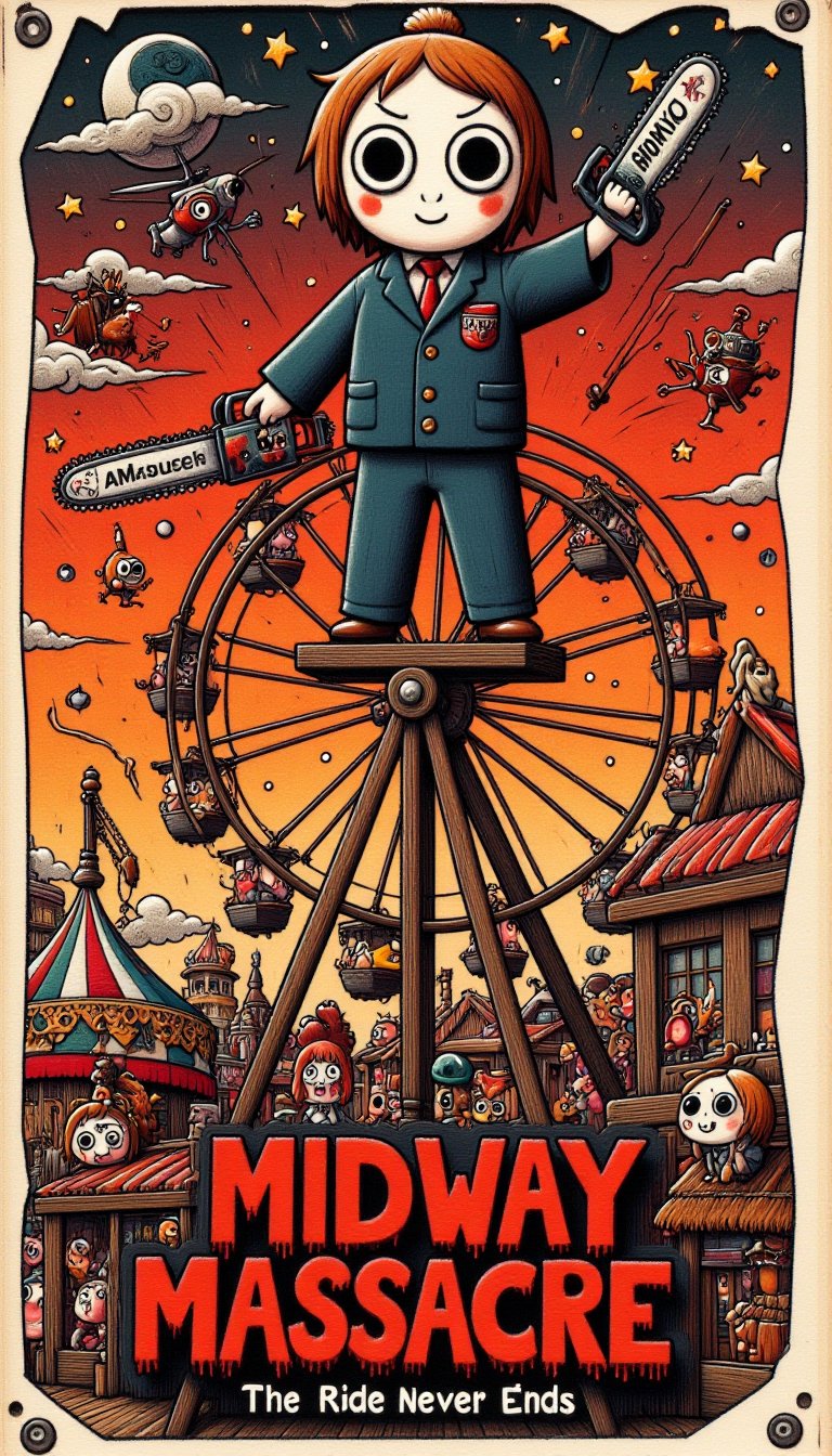 A crimson-lit carnival at dusk serves as the backdrop for a tattered, hand-painted movie poster. A chainsaw-wielding, porcelain doll-masked killer stands atop a rickety, wooden Ferris wheel, as if suspended in mid-air. Below, the tagline 'The Ride Never Ends' is emblazoned in bold, blood-red letters, while the title 'Midway Massacre' looms in crooked, carnival lights.