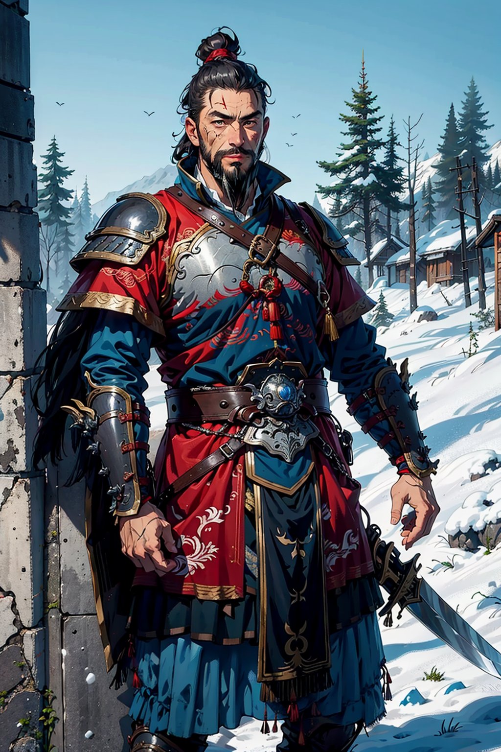 1 man,man focus,facial_hair,solo,beard,manly,sword, chinese armor,scenery,snow,wall, scar, <lora:chineseArmor_chiArmorV10:0.5>