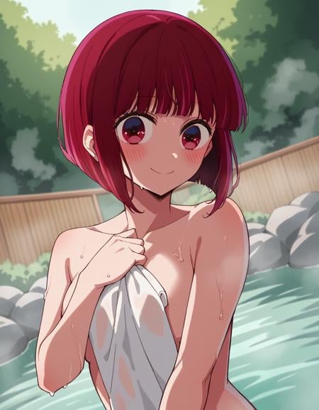 score_9, score_8_up, score_7_up, source_anime,kanaarima, <lora:kana-arima-s1-ponyxl-lora-nochekaiser:1>,kana arima, short hair, bangs, red eyes, red hair, bob cut, smile,nude, naked, outdoors, onsen, towel, naked towel, steam, bathing, nude cover, partially submerged, water, bath, steam censor, wet towel, blush,looking at viewer, cowboy shot, dutch angle, solo,