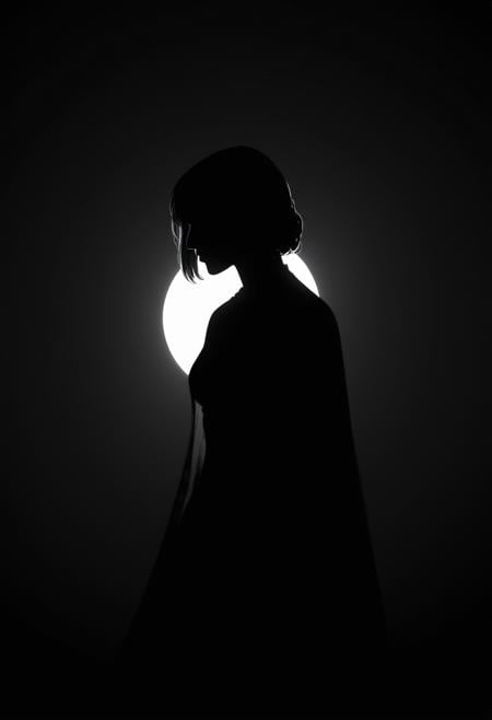 black background,((complete darkness)),silhouette,only see an outline of a woman,fading backlit background,amazing depth,intricately detailed,