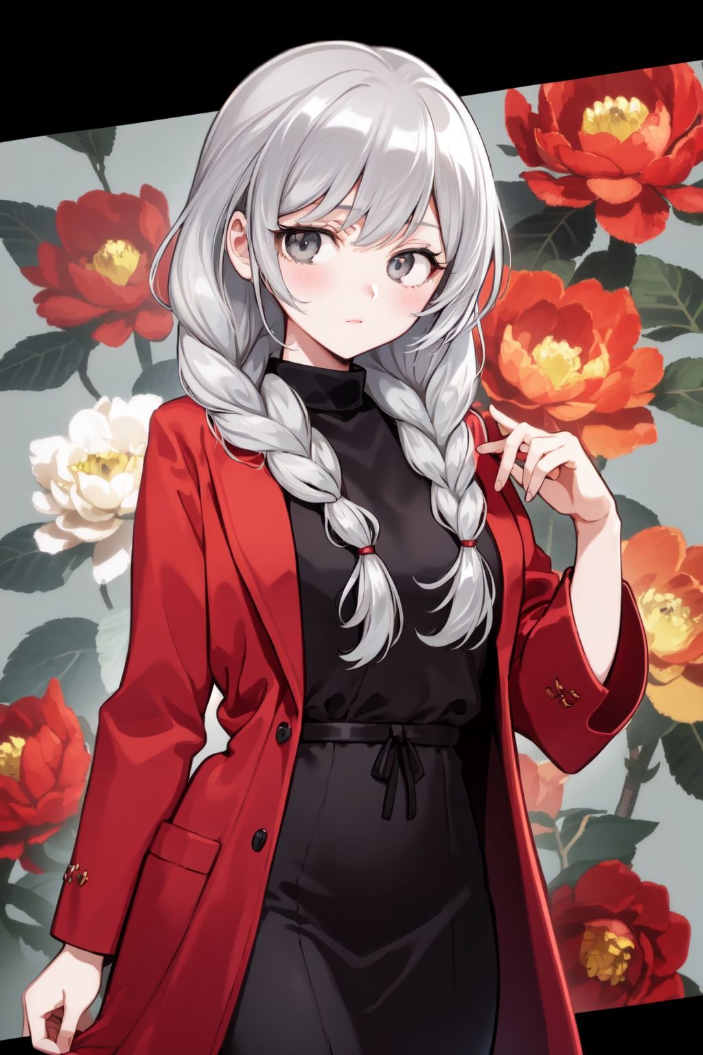 cowboy shot, solo, 1girl, whiskers, silver hair, twin braids, light grey eyes, beautiful detailed face, red coat, dim light, Peony \(flower\), floral background <lora:nishizawa_style_v01:1>