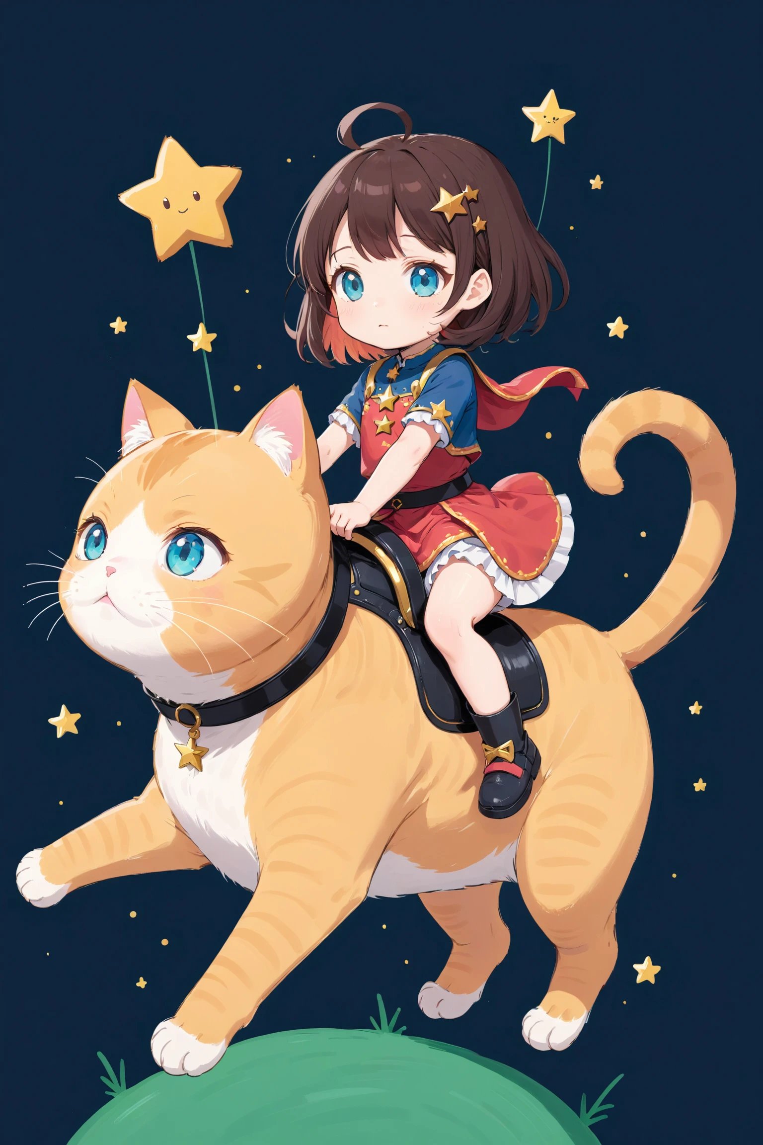 flat color, chibi, girl riding giant cat, stars, simple background