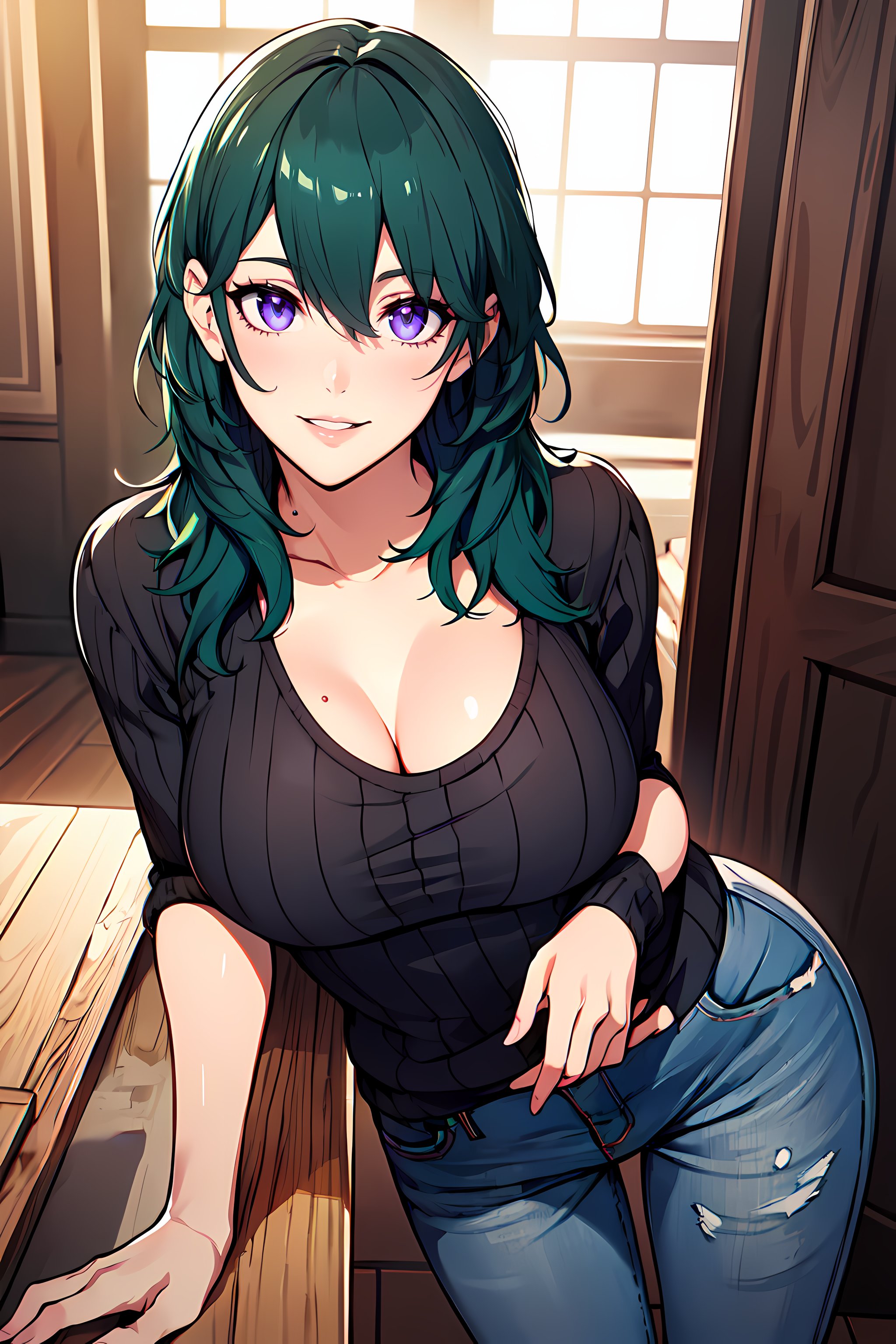 masterpiece,best quality, unreal engine, ultra res, extremely detailed,1girl, large breasts,  waist , (muscular:0.4) ,slender,<lora:Character_ort_byleth_fe3h_v0.8:0.7>byleth,deep green hair, amethyst eyesoversized sweater,denim pants,watching at viewer, smile, parted lips, sexy pose,<lora:Style_hews_style:0.4>hews style <lora:Style_cutesexyrobutts_v2:0.>CSR STYLE<lora:Style_puuzaki-puuna-lora-v1:0.><lora:Style_anmnr01AOM3A1:0.2><lora:Concept_Round_Breasts_V7:0.2>ROUND BREASTS, medium  BREASTS