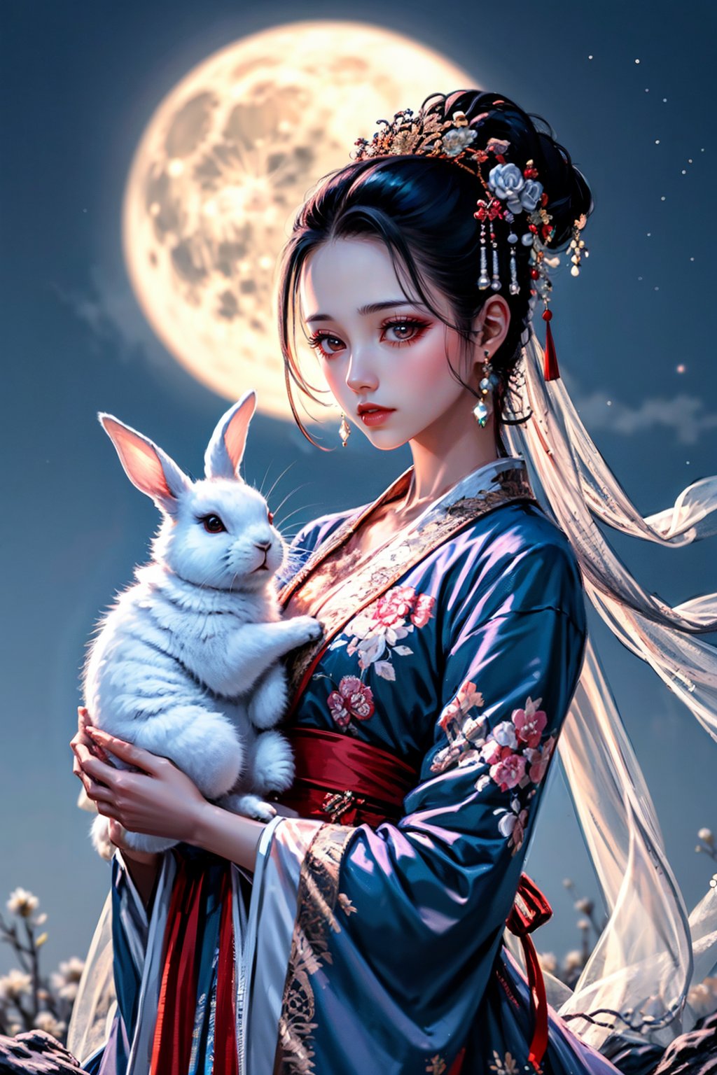 cka01,1girl,rabbit,moon,jewelry,holding animal,hanfu,earrings,hair ornament,night,full moon,chinese clothes,black hair,long sleeves,upper body,solo,makeup,night sky,blurry,flower,sky,blue dress,wide sleeves,blurry background,floral print,hair flower,looking down,<lora:cy01:0.8>,, best quality, ultra-detailed, masterpiece, finely detail, highres, 8k wallpaper