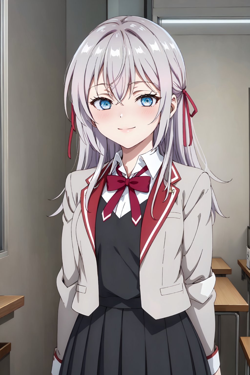 AlisaMikhailovnaKujou, 4k, absurd, high resolution, very high resolution, high definition, masterpiece, 1 girl, long hair, blue eyes, tape, hair ribbon, gray hair, shirt, looking at the viewer, school uniform, jacket, hair between the eyes, red ribbon, skirt, pleated skirt, gray jacket, black skirt, open jacket, smile, (slim build: 1.2), v arms, upper body, blushing, embarrased<lora:EMS-391416-EMS:0.800000>