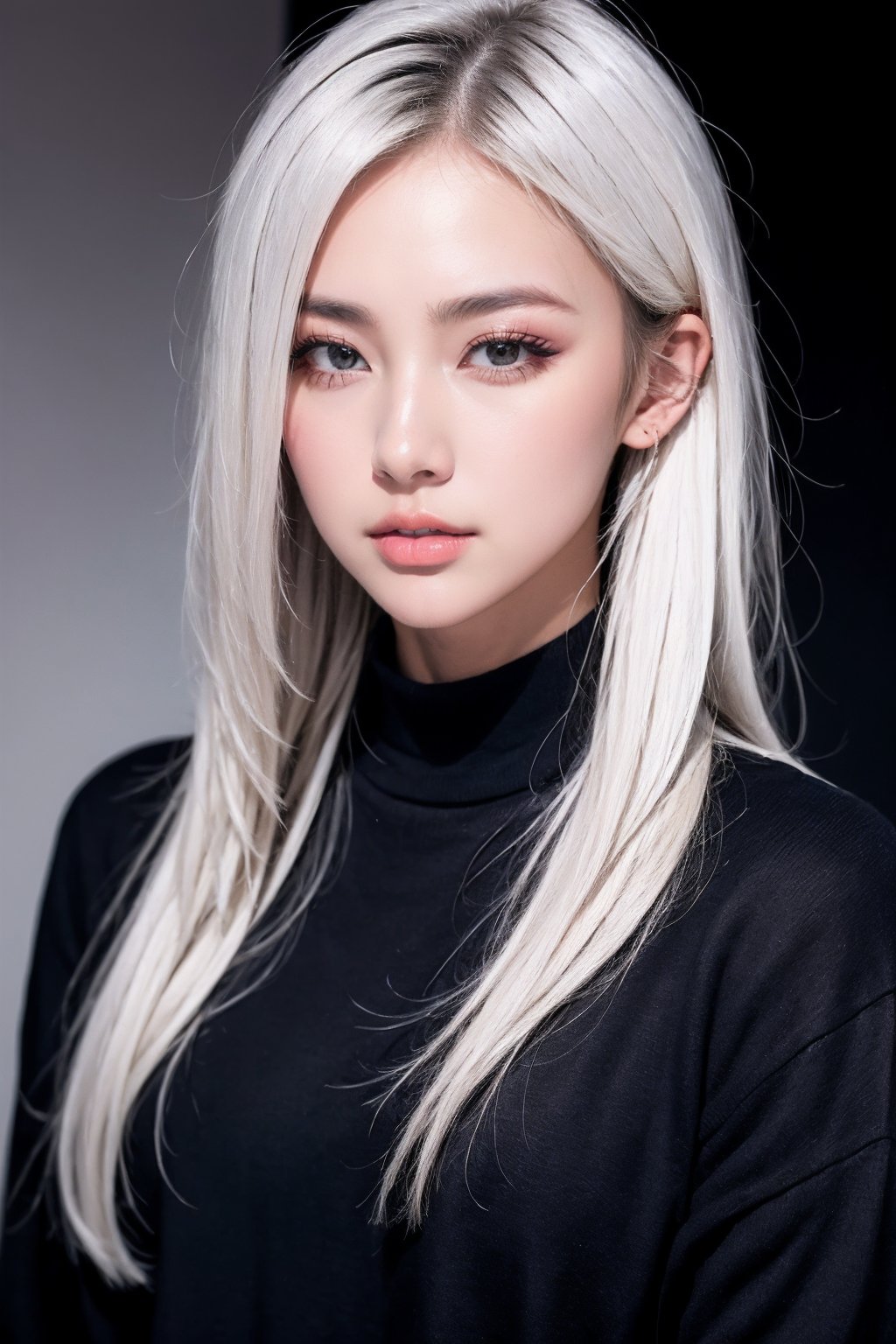 1girl, black background, black eyes, black shirt, black sweater, closed mouth, grey eyes, lips, long hair, long sleeves, looking at viewer, makeup, messy hair, nose, realistic, red lips, shirt, simple background, solo, sweater, turtleneck, turtleneck sweater, upper body, white hair