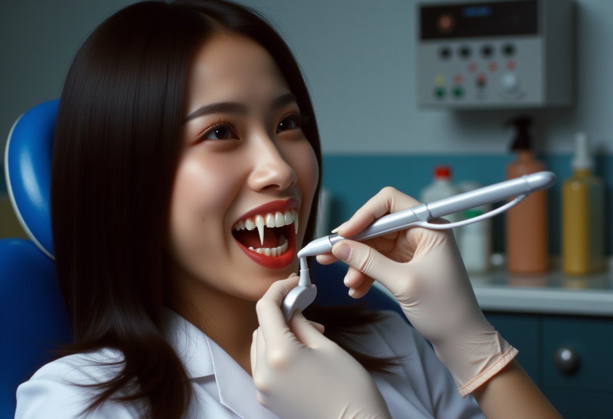 Vampyfangs1. a film still photo. 35mm. 4k. From a 2003 movie. An asian vampire woman is showing off her fangs, she is at the dentist.