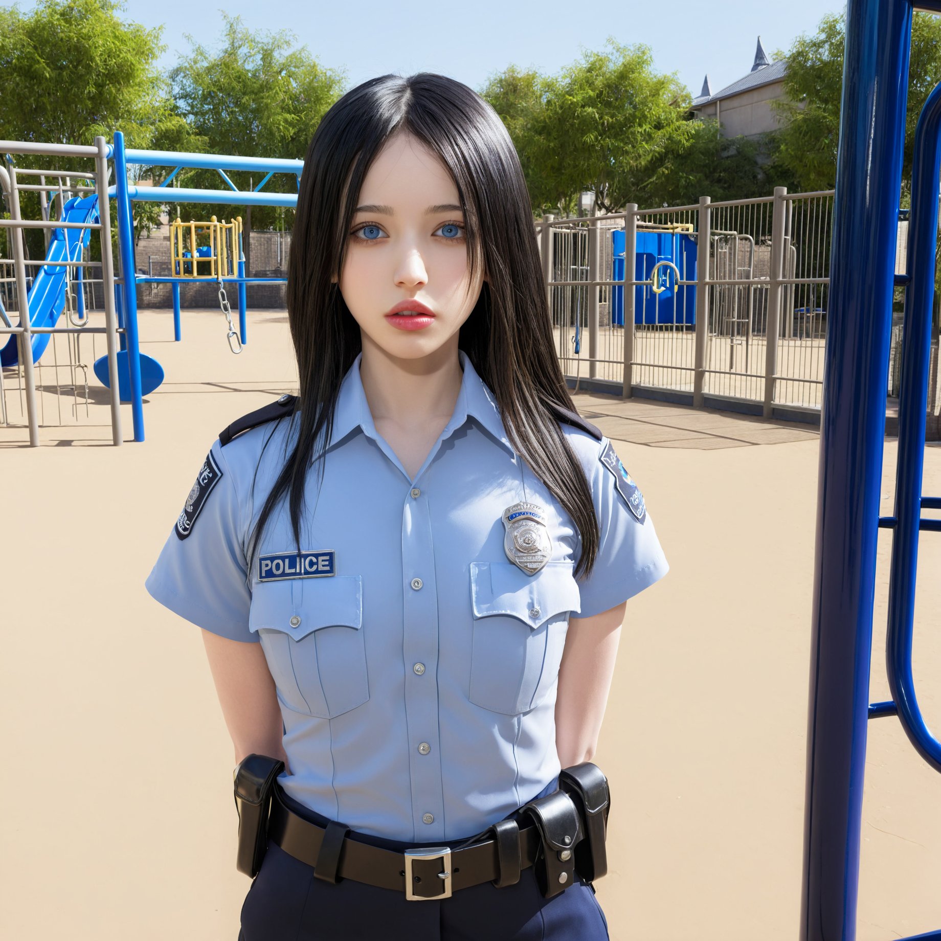 zero,1girl,solo,realistic,black hair,long hair,looking at viewer,blue eyes,lips,photorealistic,<lora:girl-000002:0.8>,highres,absurdres,police_uniform,city,zoo,playground,