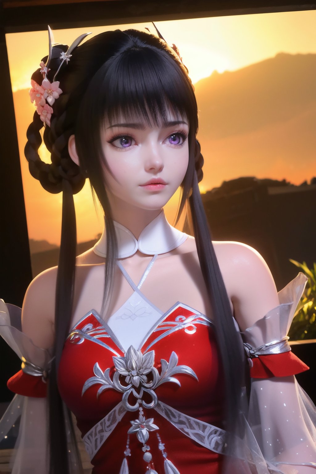 black hair,long hair,hair ornament,hair rings,braid,flower,purple eyes,bangs,<lora:hle:1>,detached sleeves,red dress,chinese clothes,see-through,, (masterpiece, best quality, high quality, highres:1.3),8k,extremely delicate and beautiful,studio lighting,double exposure,dreamy glow,detailed shadow,
1girl,pale skin,