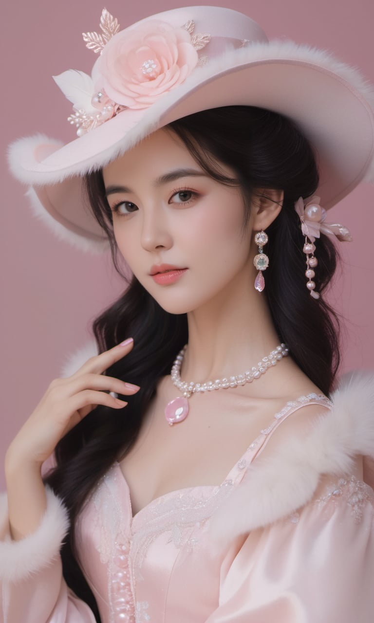 a woman in a pink dress and a white hat posing for a picture in a pink dress and fur hat,in the style of rococo pastel hues, gongbi, shiny/glossy, fairycore, 32k uhd, sonian, feminine sensibility