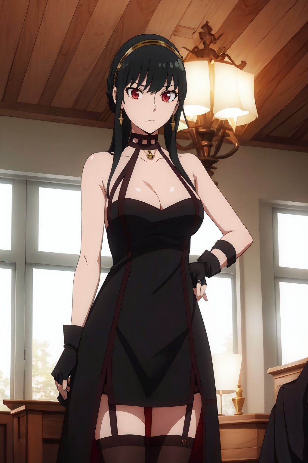 yor briar, 4k, absurd, high resolution, very high resolution, high definition, masterpiece, 1 girl, solo, long hair, looking at viewer, medium breasts, black hair, red eyes, gloves, dress, cleavage, jewelry, locks sides, headband earrings, black gloves, fingerless gloves, black dress, frown<lora:EMS-400146-EMS:0.800000>