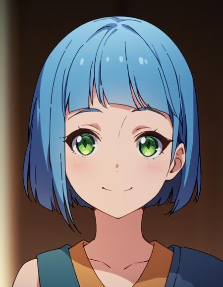 score_9, score_8_up, score_7_up, score_6_up, score_5_up, score_4_up, source_anime, , Lamia, short hair, bangs, green eyes, blue hair,   soft smile, portrait