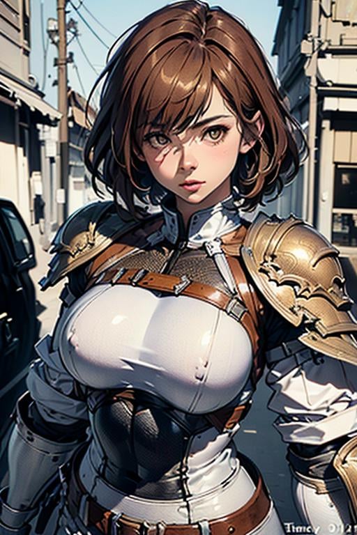 <lora:kadiya-10:0.9>((extremely realistic shading, masterpiece, extremely detailed, photorealistic))brown hair,Leather garment,White sleeves,Armor shoulder protection,Brown eyes