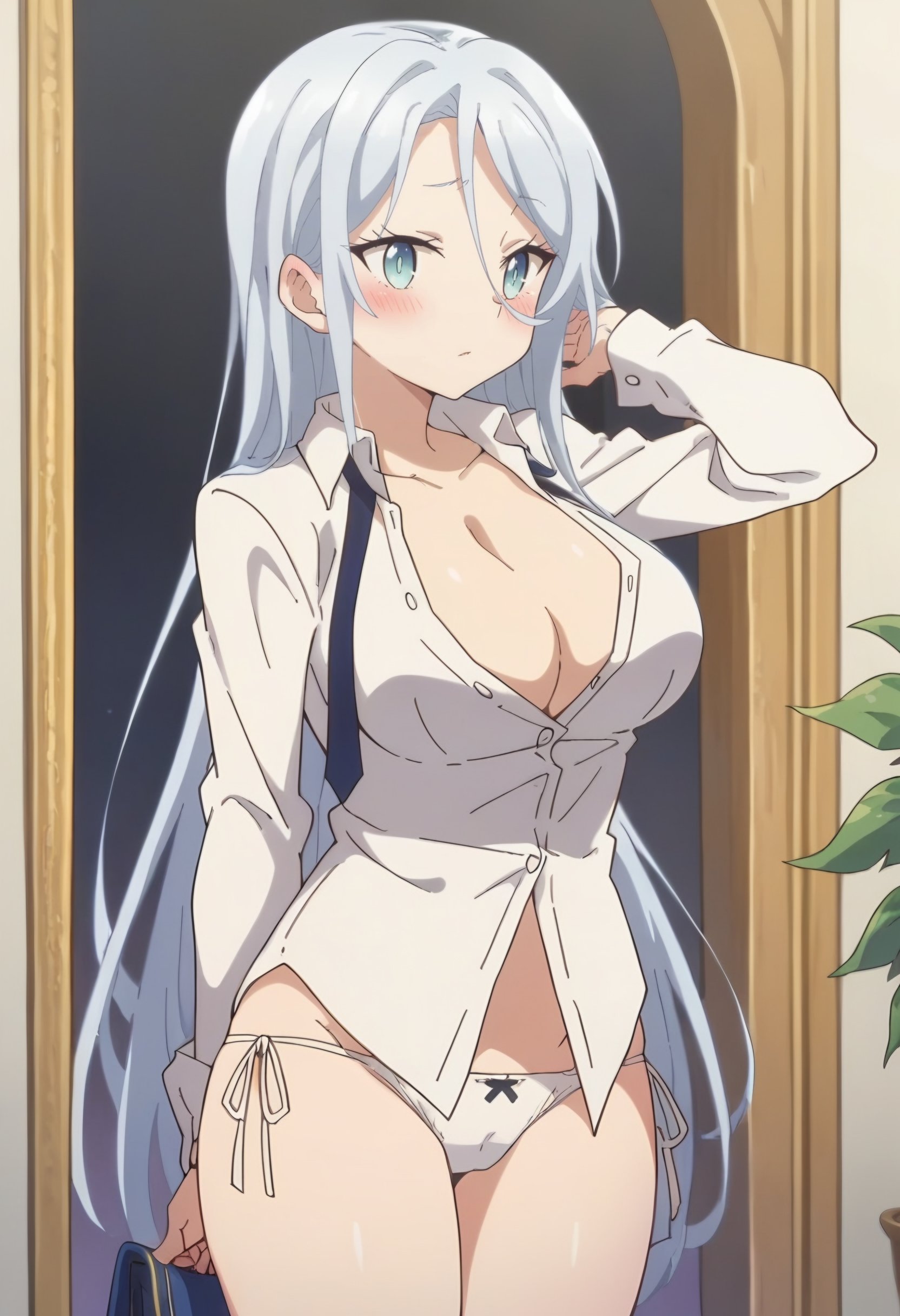 <lora:Sylpha:1> sylpha, long_hair, 1girl, blue_eyes, blue_hair, solo, blush, large_breasts,      cleavage, underwear, panties, white_shirt, white_panties, no_pants, side-tie_panties,, score_9, score_8_up, score_7_up, , anime coloring ,BREAK source_anime, anime