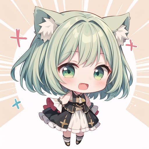 1girl, (chibi:1.4), smile, open mouth, dynamic angle, standing, animal ear, green hair, 