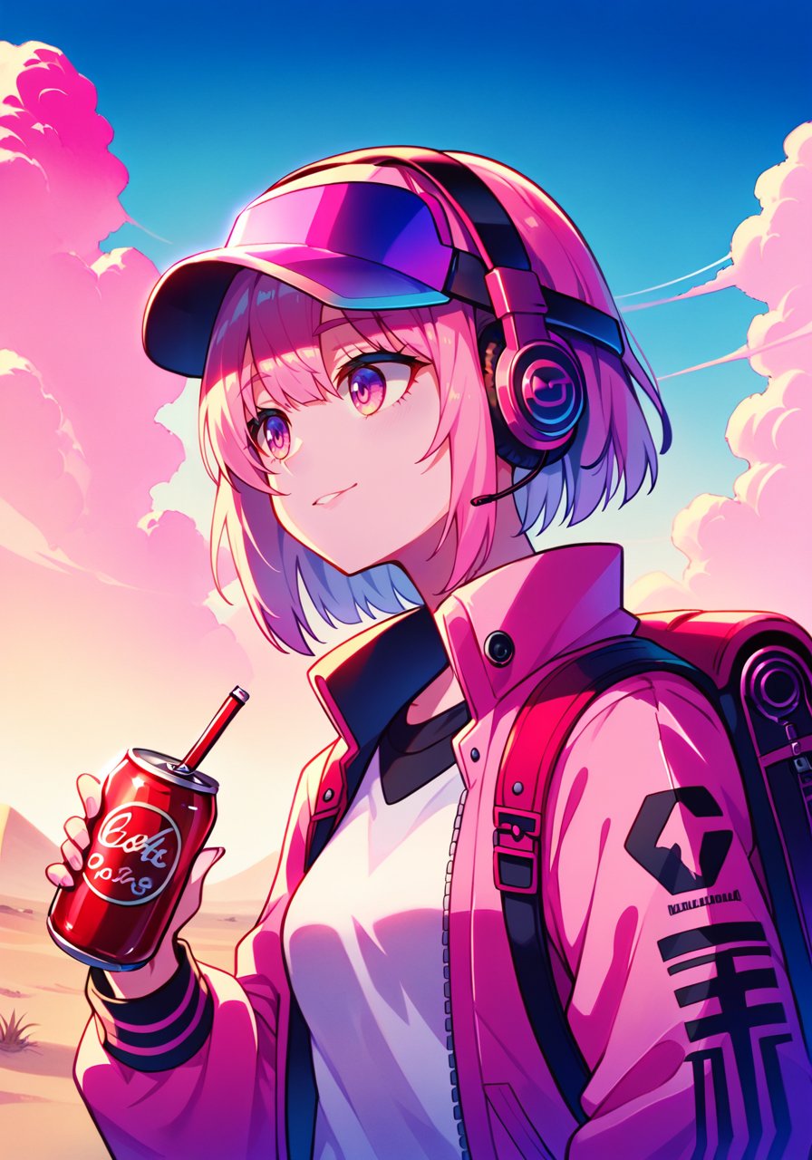 score_9, score_8_up, score_7_up, score_6_up, high quality, masterpiece, 8k, highres, detailed,pixiv, hyper detailed, harajuku fasion, futuristic fashion, anime girl, headphone, colorful reflective fabric inner, transparent PVC jacket, backpack, Pink theme,   desert, upper body, Dutch angle, holding soft drink, cola, visor, headphones, can