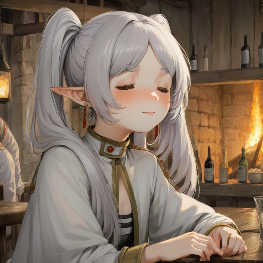 Digital art, masterpiece A detailed and cinematic wallpaper, closeup a girl frieren with (owoface:2) sitting in a tavern eyes closed, silver hair with twintails, greeneyes<lora:frieren_xl_2:1>