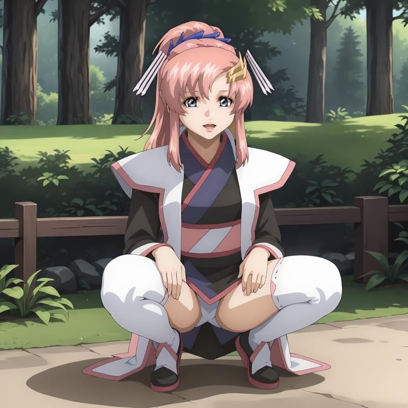 <lora:LacusClyneXLpony002>,smile,looking at viewer,open mouth,solo,LacusClyne,1girl,pink hair,ponytail,blue eyes,hair ornament,white haori,kimono,long_sleeves,mini skirt,thighhighs,ankle_boots,outdoors,nature,full body,squatting,