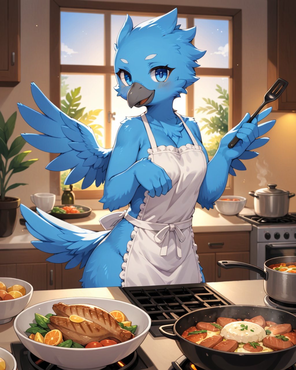 tweetfur, grey beak, blue eyes, apron only, winged arms, looking at viewer, cooking, smile, BREAK, by Atode Kimeru, by Wkar, by Wolfwithwing, detailed background, detailed foreground, depth of field, ambient silhouette, backlighting, kitchen, window, plant, meal, dinner, sunlight, yellow light, blue light