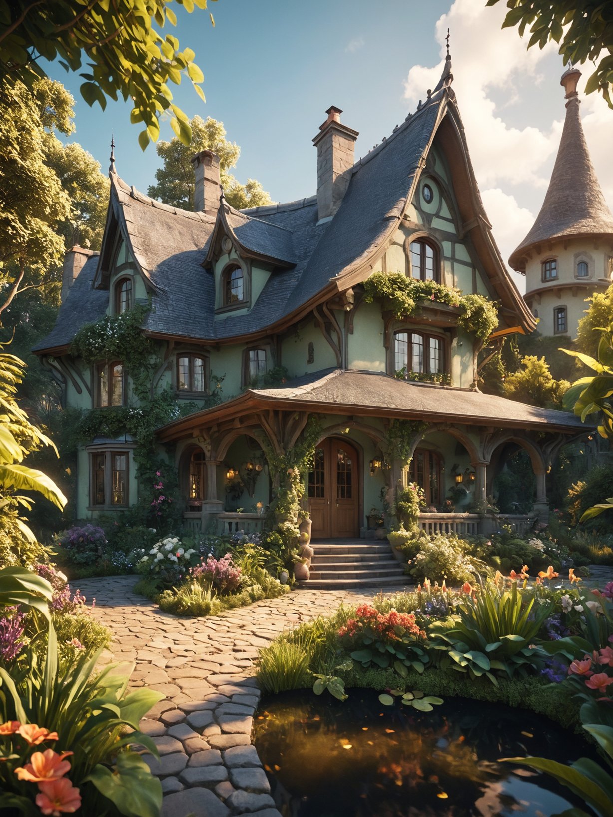 A captivating 3D render of a breathtaking residence, seamlessly merging Storybook Cottage and Art Nouveau styles. The enchanting abode features a thatched roof, wooden beams, and an intricate, whimsical exterior with flowing curves and organic shapes. The sinuous metalwork on the windows and doors adds a touch of sophisticated elegance. Surrounding the residence is a serene pond with lily pads, lush greenery, and vibrant floral arrangements. The scene is brought to life with stunning typography, fashion elements, and a cinematic quality that evokes a sense of wonder and enchantment., poster, typography, cinematic, fashion, 3d render, illustration, architecture, photo, epic action, Unreal Engine, cinematic award winning artwork, many details, extreme detailed, full of details,Wide range of colors., dramatic, Dynamic,Cinematic,Sharp details, Insane quality. Insane resolution. Insane details. Masterpiece. 32k resolution. casting shadow style, cucoloris patterned illumination,  dvr-lnds-sdxl, ral-dissolve, ral-ertmsphr, ral-porcelain, ral-pxlprtcl, Niji, aidma-niji