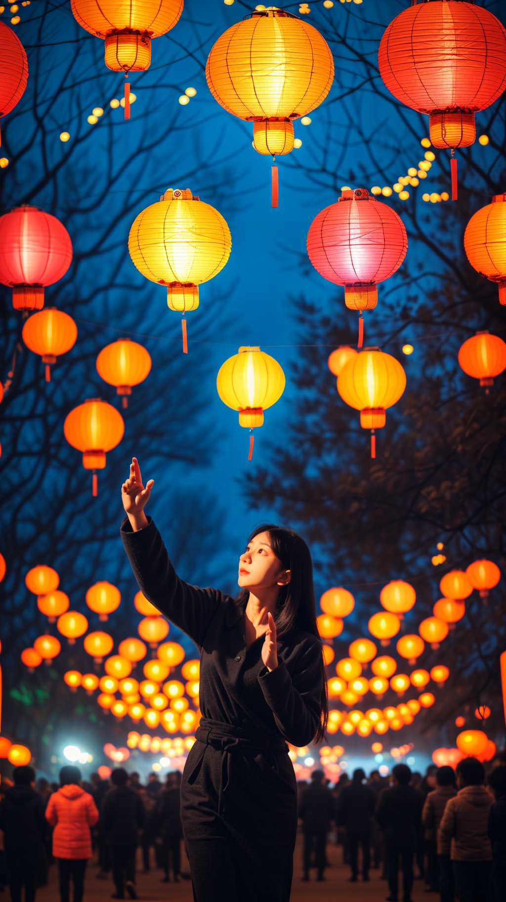 1girl,long hair,slender,glamor,d,cat_pose,front view,bust,lantern,blurry,night,paper lantern,tree,depth of field,solo focus,sky,black hair,blurry background,happy_new_year,