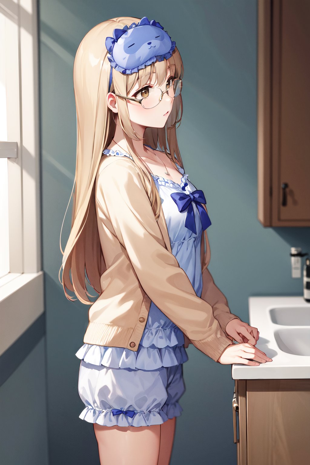 masterpiece, best quality, highres, eesister, long hair, sleep mask, glasses, collarbone, necklace, pajamas, camisole, blue bow, brown cardigan, open clothes, long sleeves, frilled shorts, white shorts, white bloomers, <lora:sister_cleaire_v2:0.7>, standing, cowboy shot, from side, bathroom, 