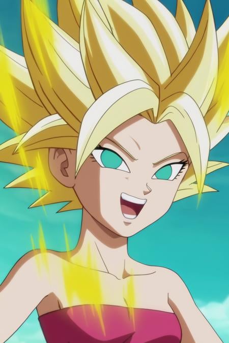 source_anime, score_9, score_8_up, score_7_up, anime screencap,caulifla, blonde hair, spiked hair,  aqua eyes, collarbone, tube top,  looking at viewer, evil smile, smile, open mouth, teeth, blue sky, ruined city, destroyed buildings, golden aura, super saiyan, close up <lora:caulifla_pony_v1:0.8>