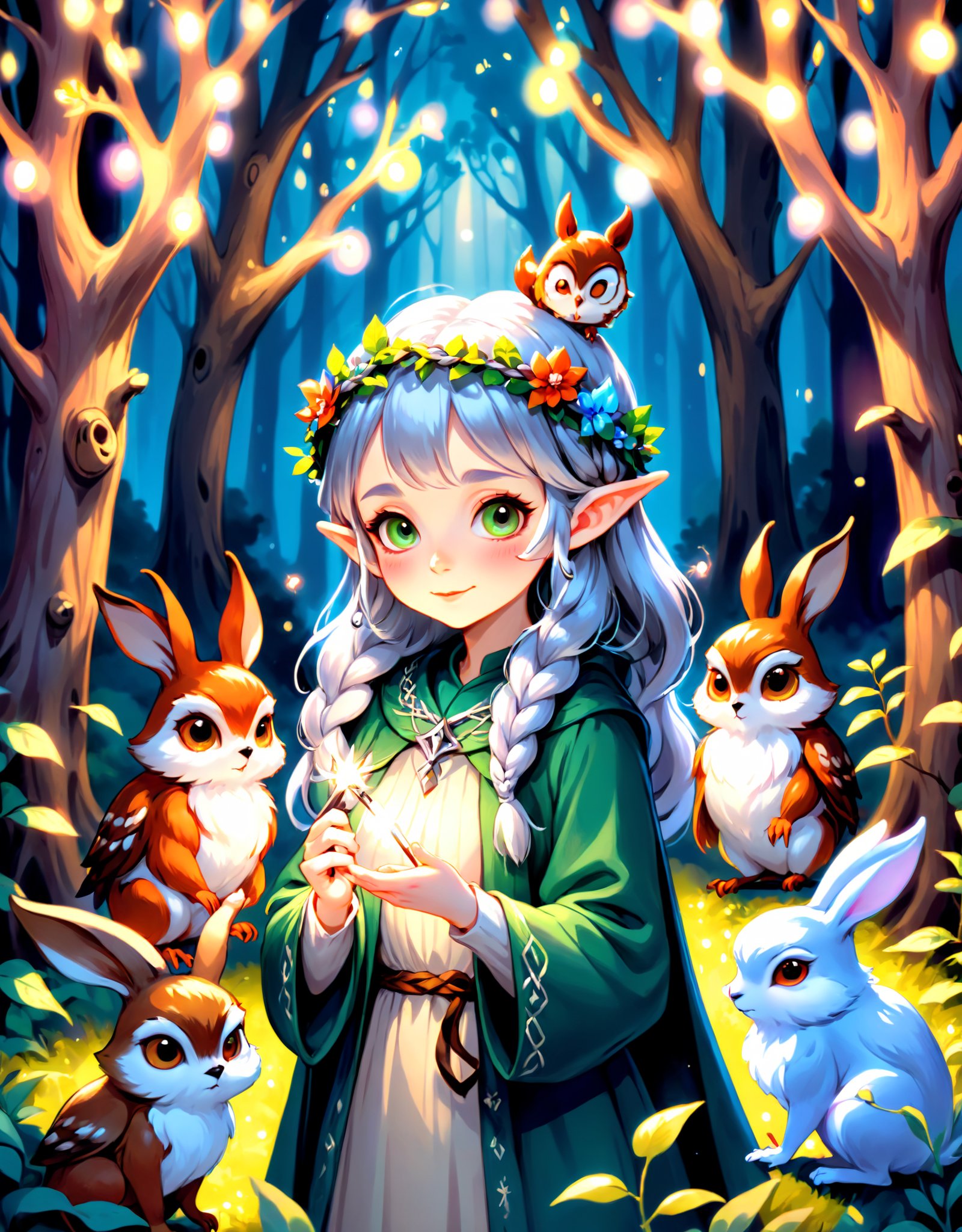 Image type of Illustration:An enchanting illustration of a 100-year-old elf girl with silver braided hair, wearing a delicate flower crown and holding a magical wand, surrounded by vibrant forest creatures like gentle forest rabbits, wise old owls, and mischievous squirrels, all in a mystical forest setting under the soft glow of fairy lights.