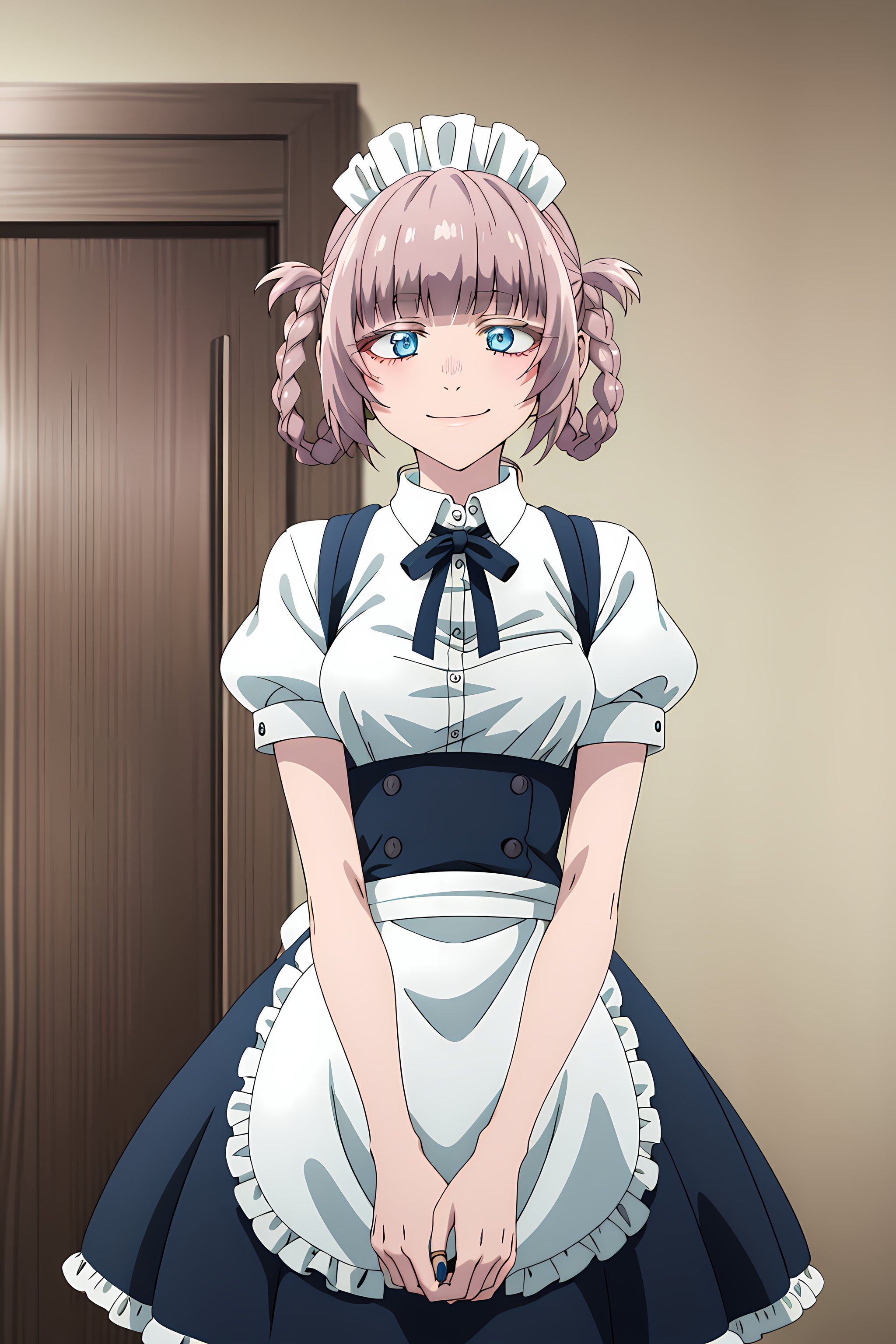 best quality, masterpiece, detailed,<lora:YofukashiNoUta_NanakusaNazuna:0.9>, NanakusaNazuna,1girl, smile,pink hair, short hair, blunt bangs, braid, hair rings, blue eyes,NanakusaMaid, maid dress, white shirt, ribbon, puffy short sleeves, white apron, frills,looking at viewer, arms at sides,indoors