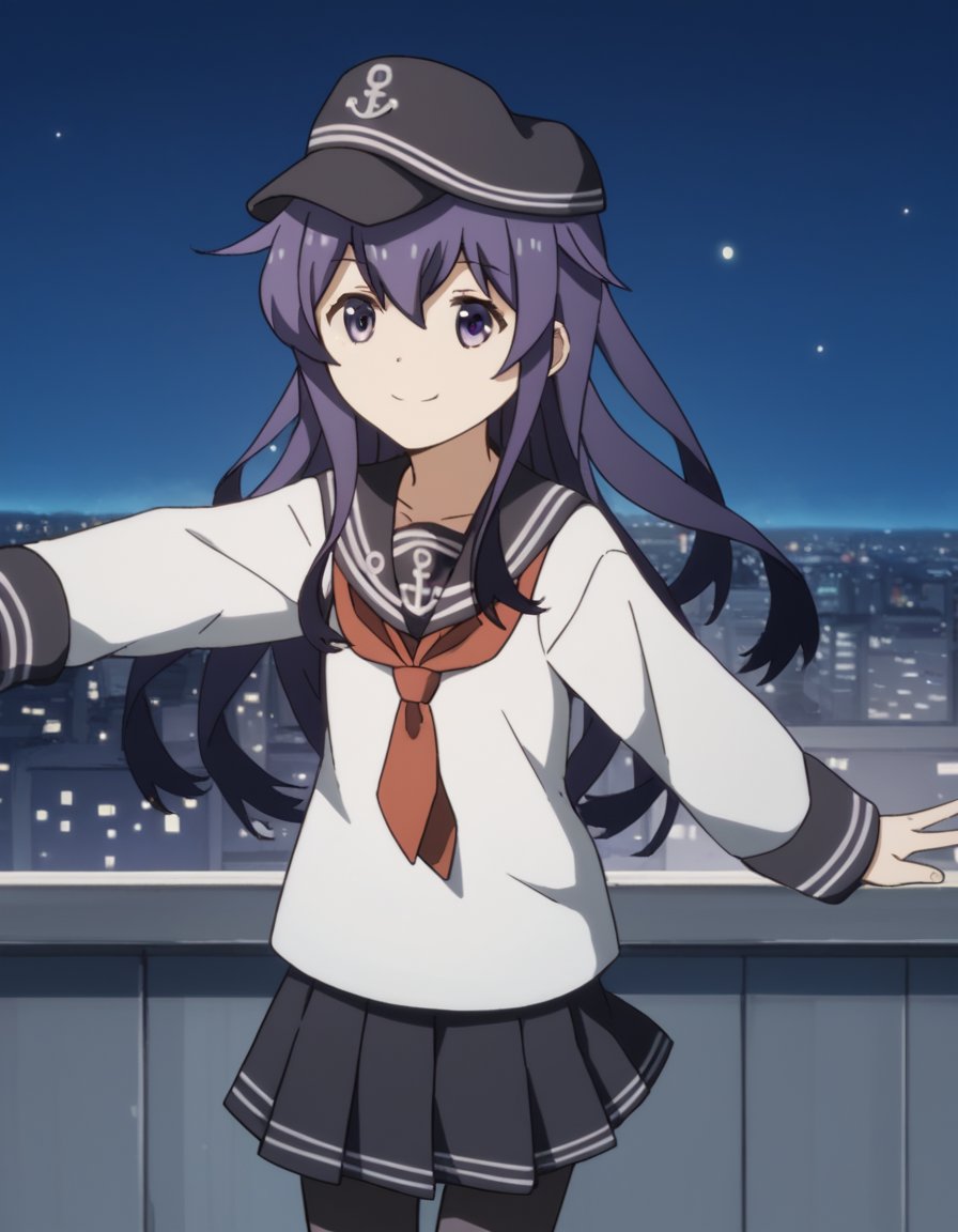 score_9, score_8_up, score_7_up, source_anime, <lora:kancolle-akatsuki-s1-ponyxl-lora-nochekaiser:1>, akatsuki, long hair, hair between eyes, purple eyes, purple hair, akatsuki (kancolle), skirt, shirt, long sleeves, hat, school uniform, pantyhose, pleated skirt, serafuku, black skirt, sailor collar, neckerchief, black pantyhose, red neckerchief, anchor symbol, flat cap,, city skyline, rooftop view, night time, city lights, quiet reflection, smile, , v, v over eyes, smile, solo,, cowboy shot, dutch angle