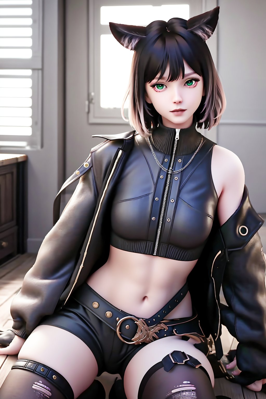 (best quality,masterpiece:1.2),ultra detailed,8k,RAW photo,realistic,photorealistic,ultra-detailed,intricate detail,extremely detailed,delicate pattern,looking at viewer,<lora:C_黑桃_AUG:0.7>,1girl,solo,ht,animal ears,short hair,black hair,bangs,green eyes,necklace,black jacket,crop top,open jacket,zipper,pouch,open clothes,sleeves past wrists,long sleeves,off shoulder,fingerless gloves,midriff,navel,black shorts,belt,bike shorts,thigh strap,black thighhighs,torn thighhighs,kneeling,