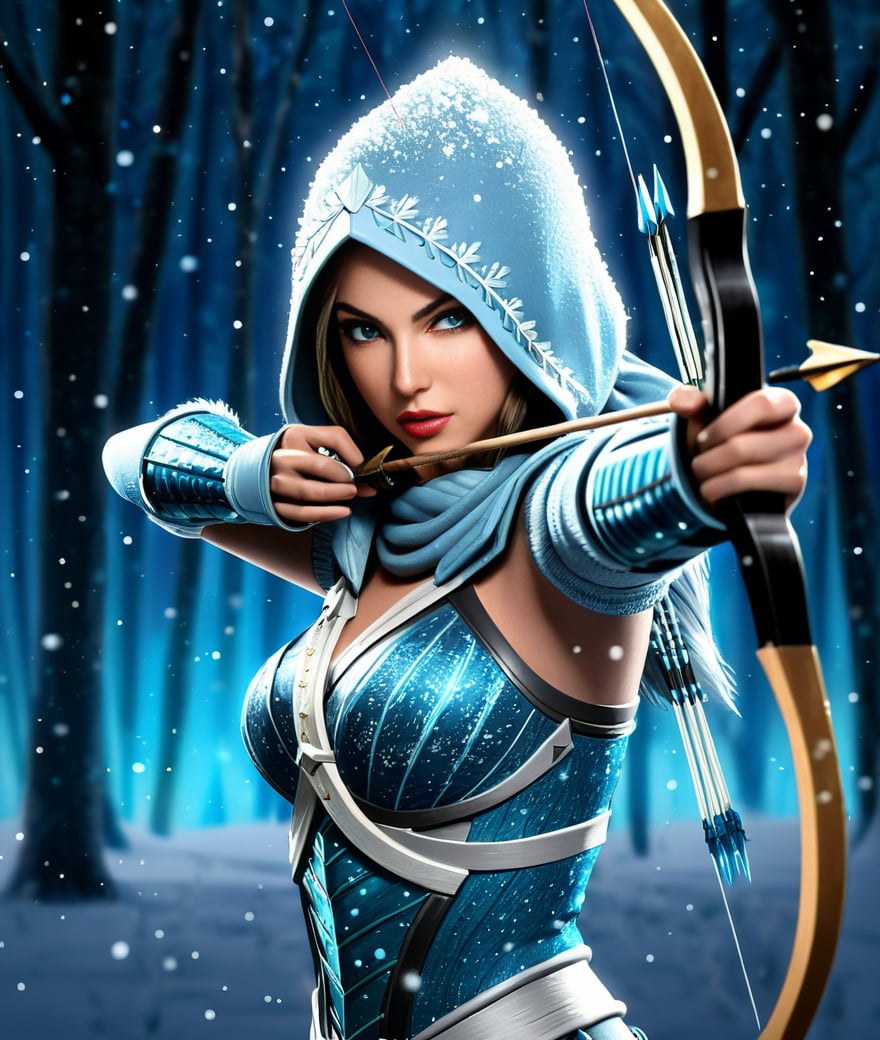 (Game CG style:1.2),Game CG style,this is an ice blue-clothed archer who wears a hood and holds a bow and arrow,aiming at the front with intense focus. her arrows are made of ice crystals,emitting a cold glow. she is a female warrior wearing armor and holding weapons,ready for battle. the background is a dark forest or night sky filled with snowflakes,creating a mysterious atmosphere. there is no name on it,and it is described by an ai image expert,