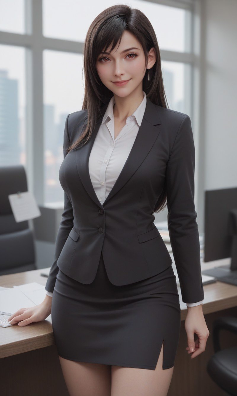 score_9, score_8_up, score_7_up, masterpiece,best quality, highly detailed, Best quality,masterpiece,ultra high res,(office suit:1.2),tifa_ac,looking at viewer,(cowboy shot:1.1), long sleeves, grey pencil skirt, office,smile,closed mouth,