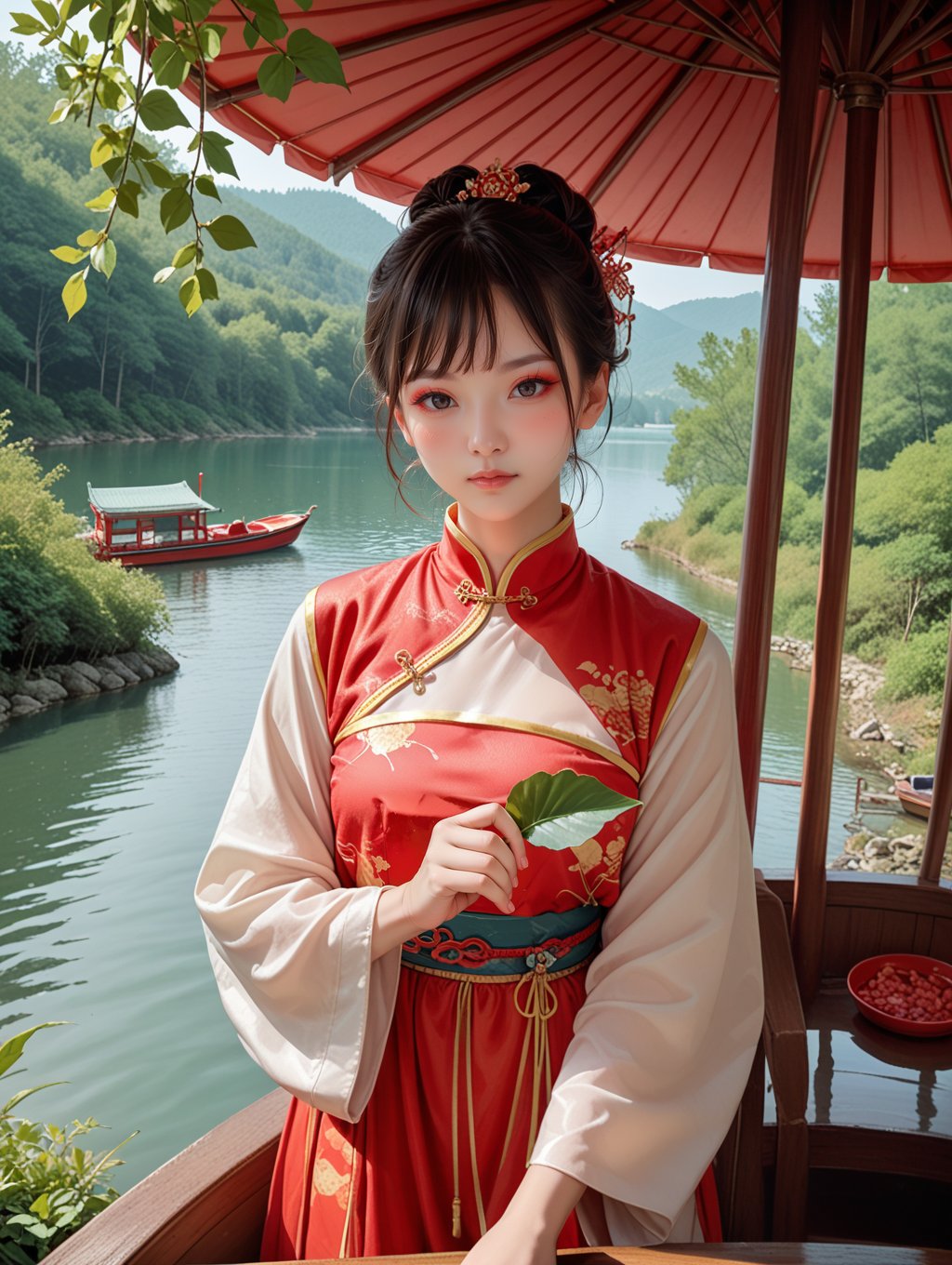 score_9, score_8_up, score_7_up,outdoors, lake, gazebo, boat, 1girl,red eyeshadow, blush, shaded face,  chinese clothes, hanfu,holding leaf, looking at viewer,   <lora:Hanfu_Pony:0.7>