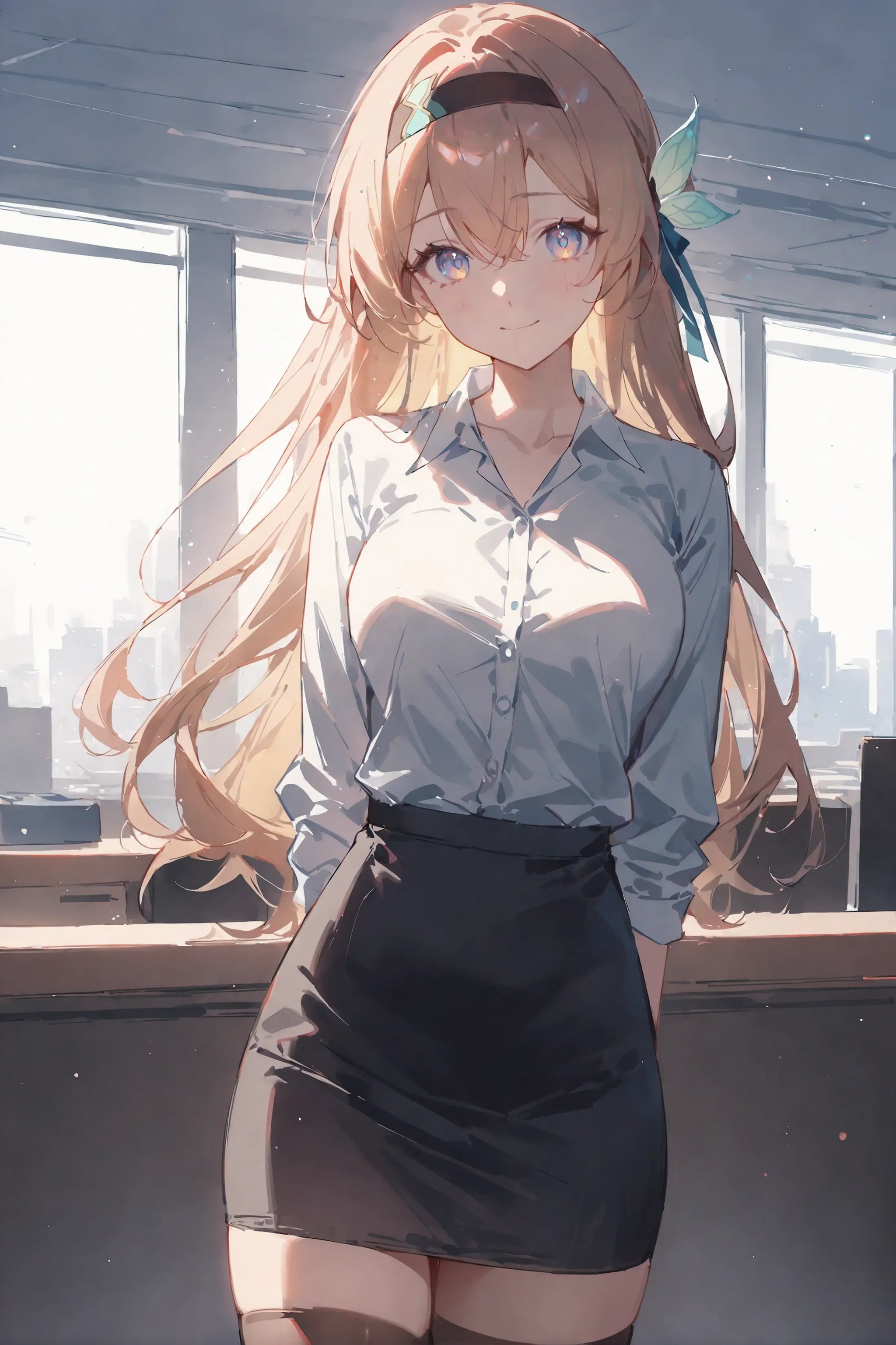 masterpiece, best quality, very aesthetic, ray tracing, newest,(hitenkei, askzy:0.5), 1girl, firefly \(honkai: star rail\), hairband, solo, office lady, collared shirt, white shirt, pencil skirt, black thighhighs, looking at viewer, cowboy shot, light smile, office, indoors, depth of field <lora:Char-HonkaiSR-Firefly-XL-V2:0.9>