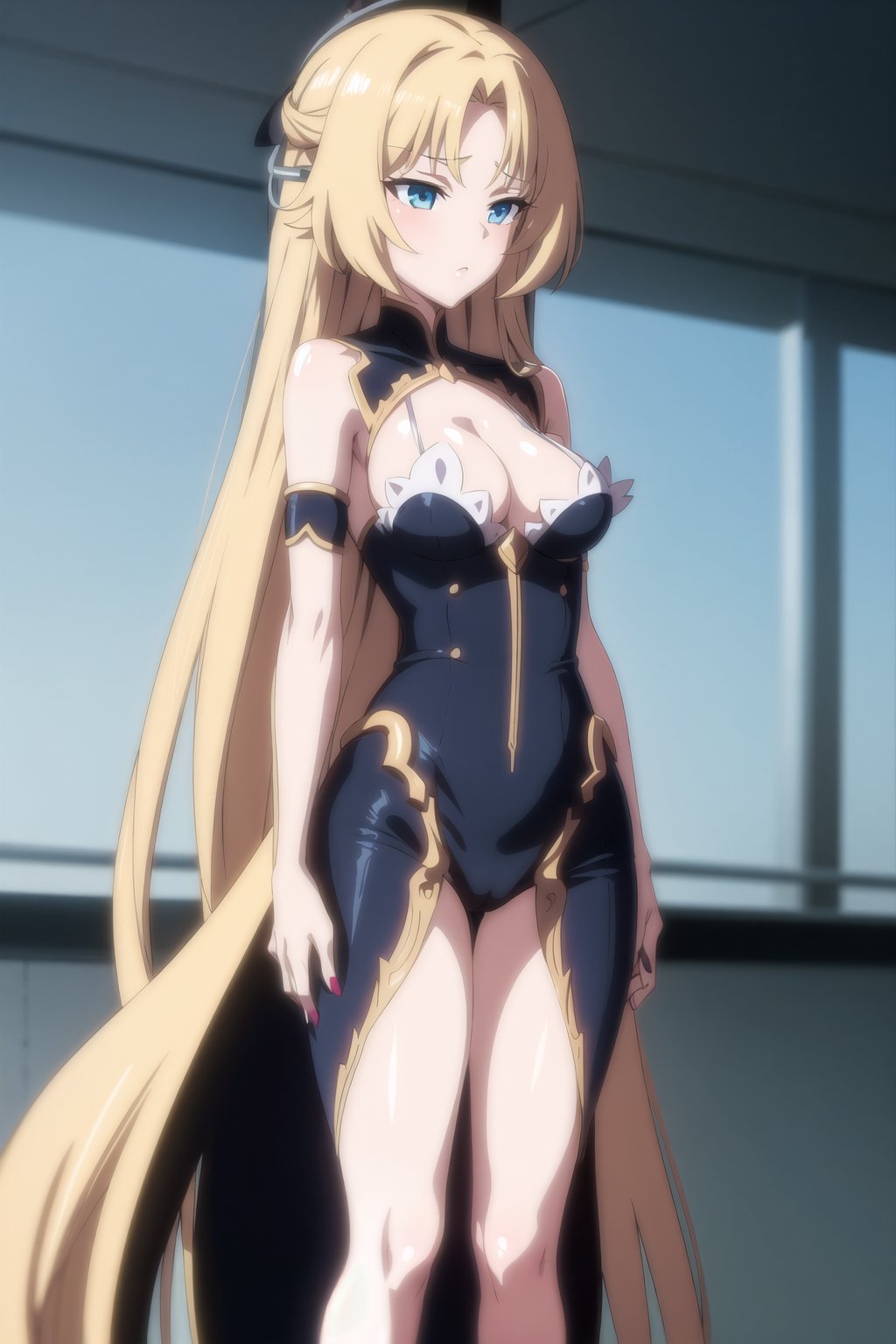 anime screencap, 1girl, very long hair, depth of field, cleavage, medium breasts