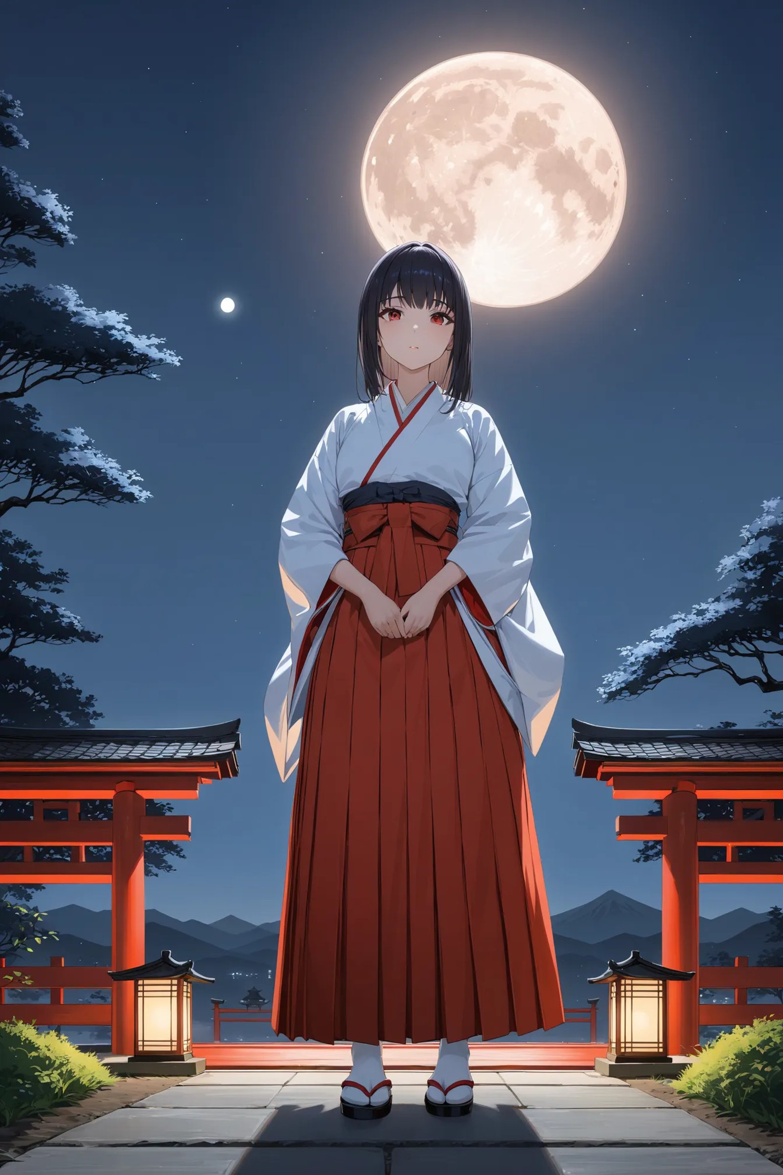 1girl, solo, dress, full moon, hakama, hakama skirt, japanese clothes, moon, moonlight, outdoors, red hakama, skirt, masterpiece, best quality