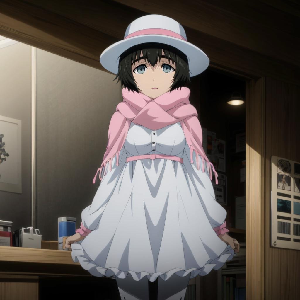 <lora:MayuriShiina002:0.7>,<lora:add_detail:1>,<lora:boldline:-0.8>,<lora:noline:0.3>,Mayurizero,1girl,black hair,hat,white headwear,pink scarf,dress,skirt,frills,pantyhose,white boots,