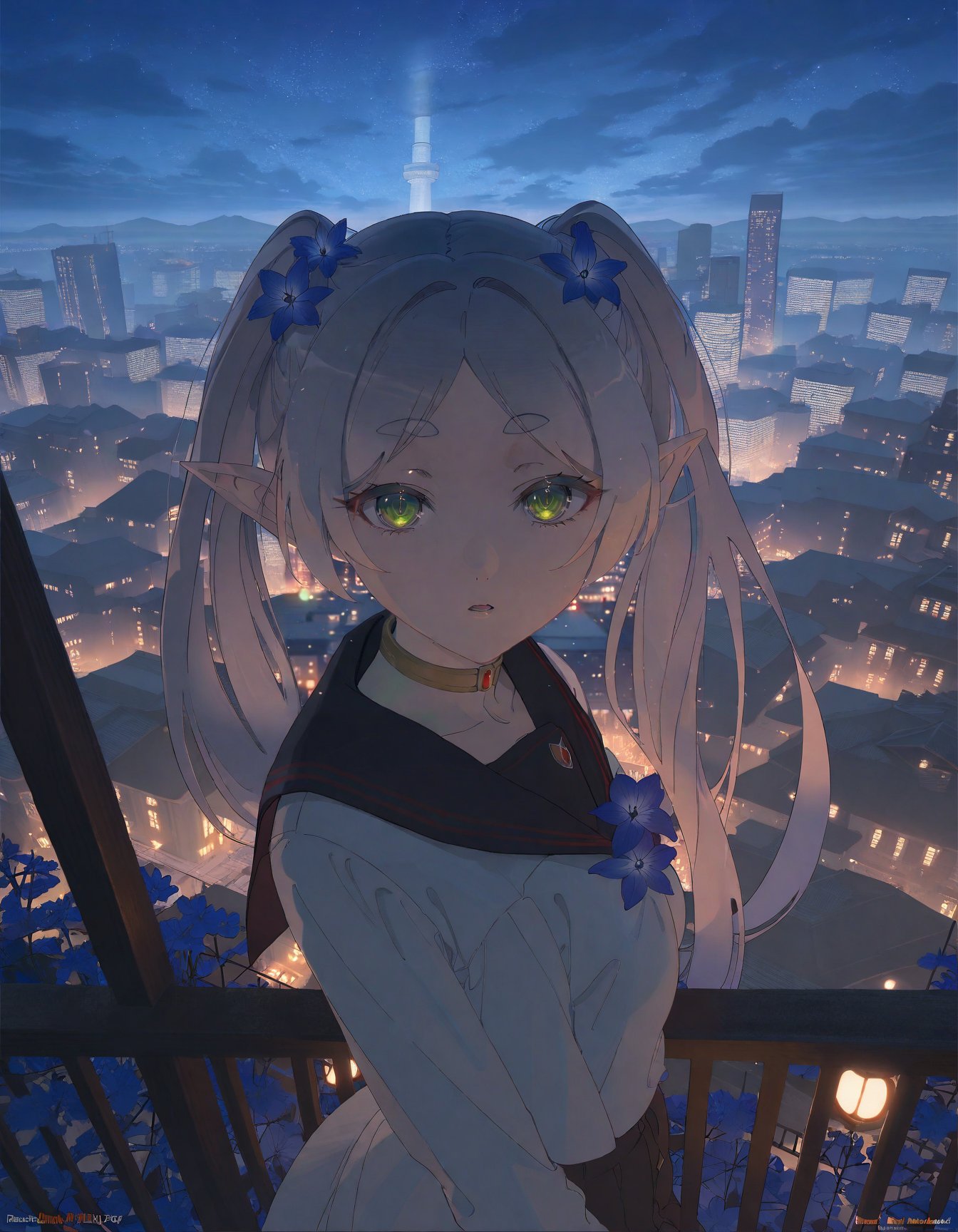 amazing quality, best quality, 1girl, solo, frieren, serafuku, green eyes, white hair, elf, portrait, <lora:void:1>, night, cityscape, city lights, outdoors, scenery, stairs, building, railing, flower, falling petals, looking at viewer